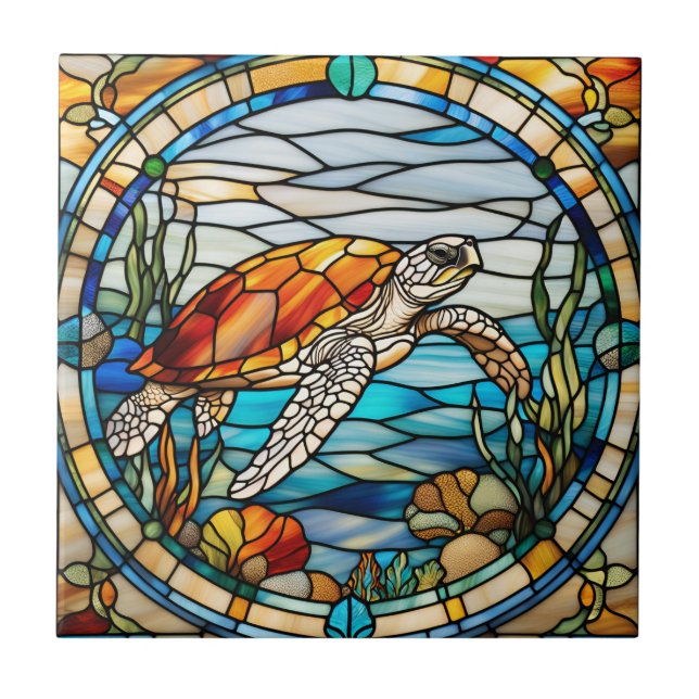 Faux Stained Glass Sea Turtle Ceramic Tile (Front)