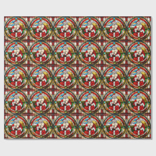 Faux Stained Glass Sitting Santa Napkins Wrapping Paper