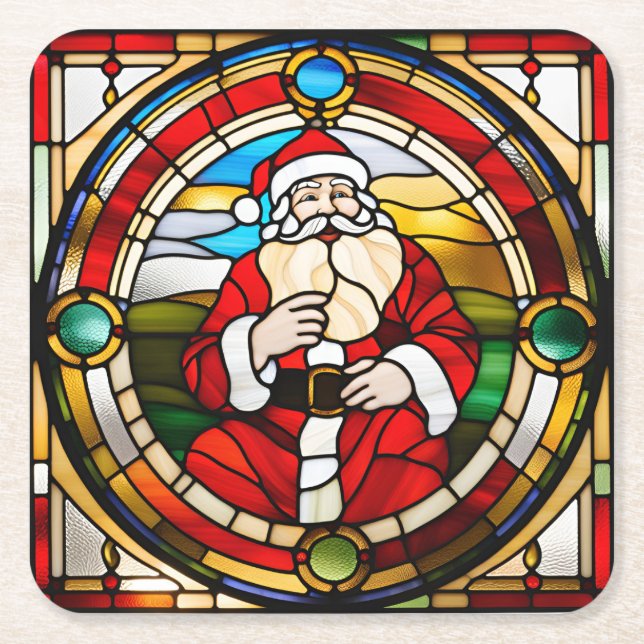Faux Stained Glass Sitting Santa  Square Paper Coaster (Front)
