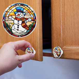 Faux Stained Glass Snowman Ceramic Knob
