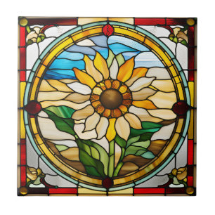 Faux Stained Glass Sunflower Ceramic Tile