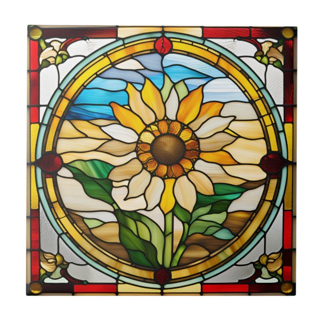 Faux Stained Glass Sunflower Ceramic Tile (Front)