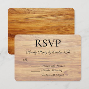 Faux Teak Wood Look Calligraphy Wedding RSVP Card