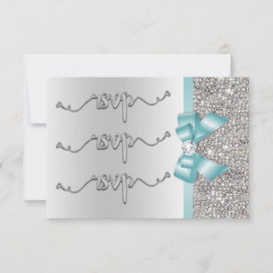 Faux Teal Bow Silver Sequins RSVP Wedding Card