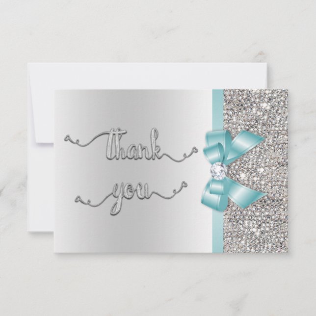 Faux Teal Bow Silver Sequins Thank You Wedding (Front)