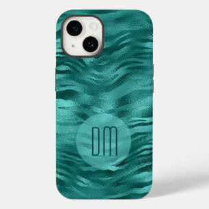 Faux Teal Foil Stripe Waves Monogram Case-Mate iPhone 14 Case