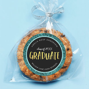 Faux Teal Glitter Graduate Graduation Classic Round Sticker