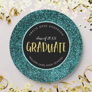 Faux Teal Glitter Graduate Graduation Paper Plate
