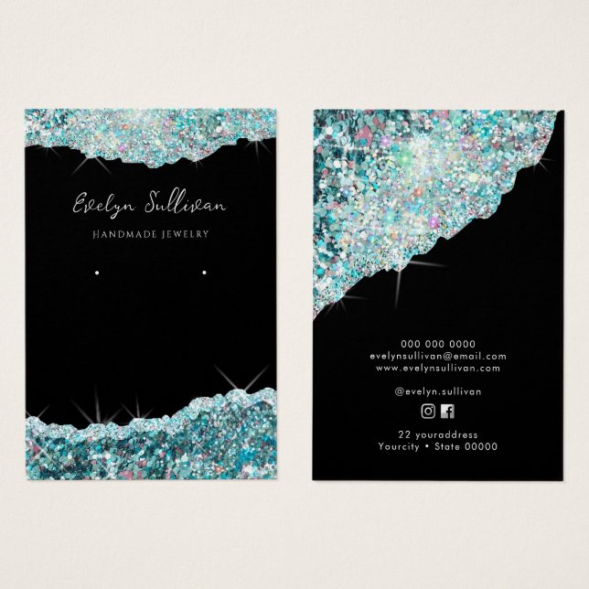Faux teal glitter jewellery display card (Front & Back)