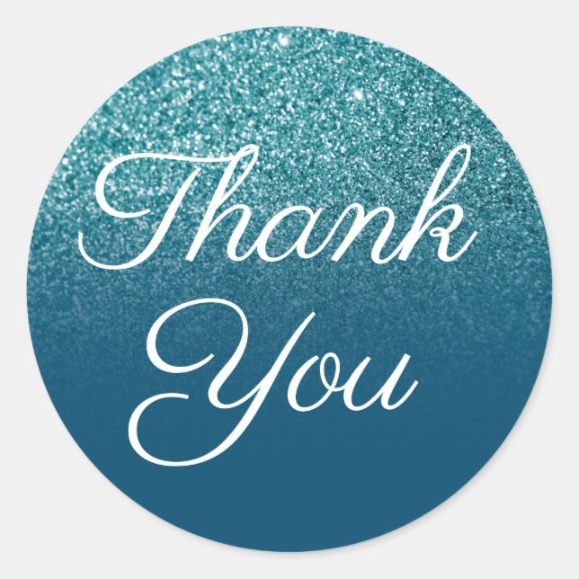 Faux Teal Glitter Ocean Blue Ombre Thank You Classic Round Sticker (Front)