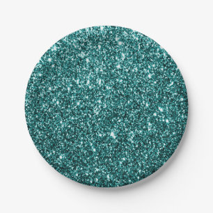 Faux Teal Glitter Party Paper Plate