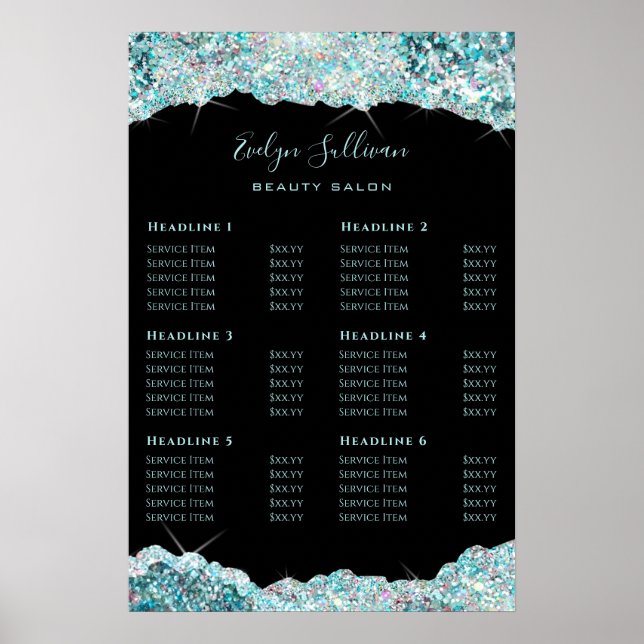 Faux teal glitter price list poster (Front)
