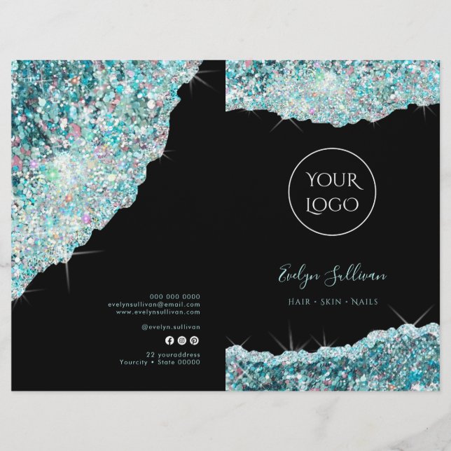 Faux teal glitter service menu brochure (Front)