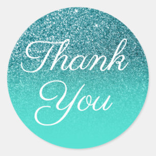Faux Teal Glitter Turquoise Ombre Thank You Classic Round Sticker