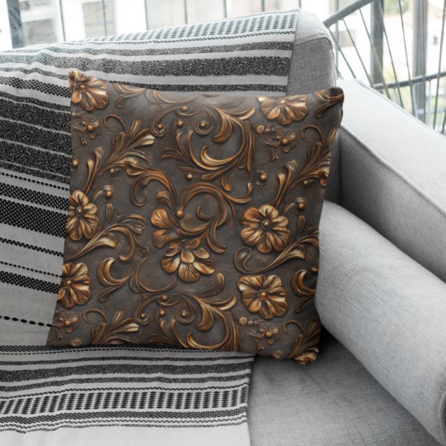 Faux Tooled Brown Leather Western Cushion (Creator Uploaded)