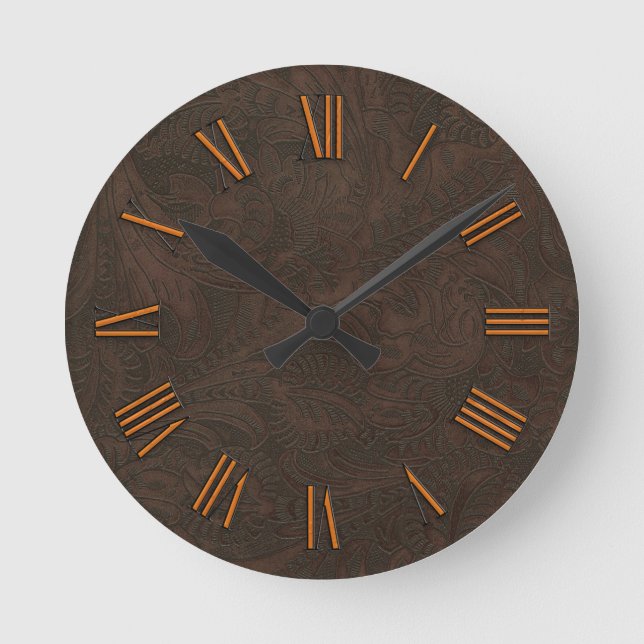 Faux Tooled, Carved Leather & Copper-look Numerals Round Clock (Front)