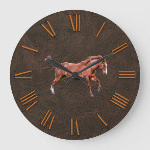 Faux Tooled, Carved Leather with Red Dun Horse Large Clock