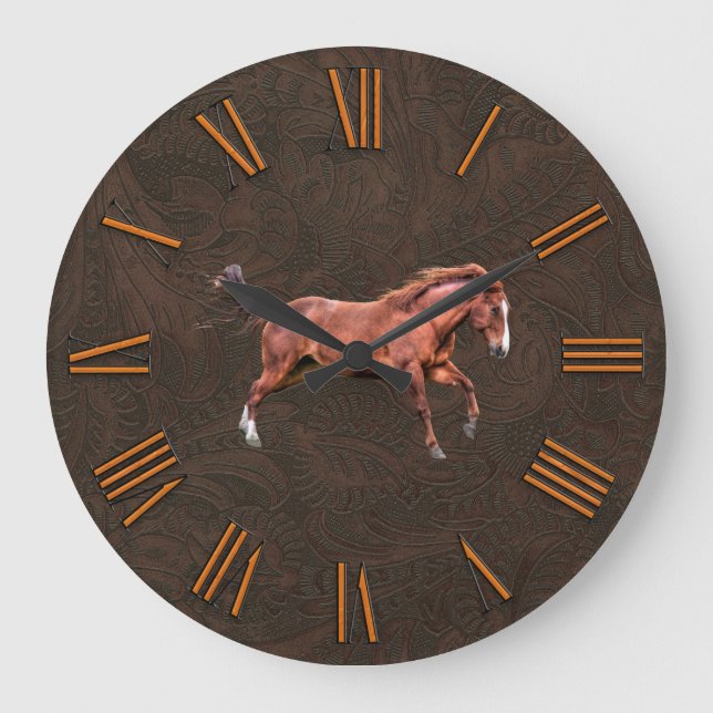 Faux Tooled, Carved Leather with Red Dun Horse Large Clock (Front)
