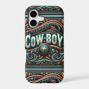 Faux Tooled Leather Turquoise Brown Cowboy