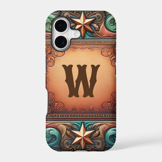 Faux Tooled Leather Turquoise Brown Custom Initial (Back)