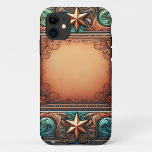 Faux Tooled Leather Turquoise Brown Custom Initial iPhone 11 Case
