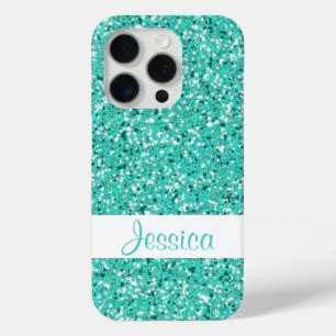 Faux Turquoise Glitter Look-like With Custom Name iPhone 15 Pro Case