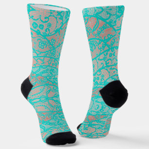 Faux Turquoise Lace Fishnet Flowers Socks