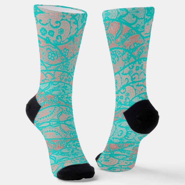 Faux Turquoise Lace Fishnet Flowers Socks (Angled)