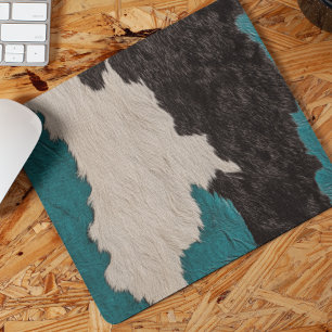 Faux Turquoise Leather Cow Spotted Hide fur Mouse Pad