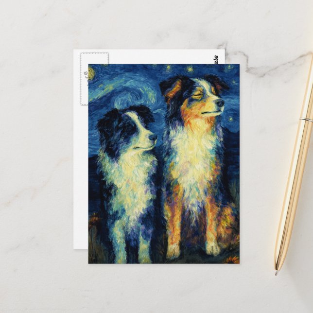 Faux Van Gogh Austrailian Shepherds Postcard (Front/Back In Situ)