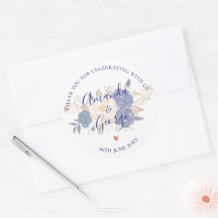 Faux Vellum Blue Floral Elegant Script Wedding Classic Round Sticker