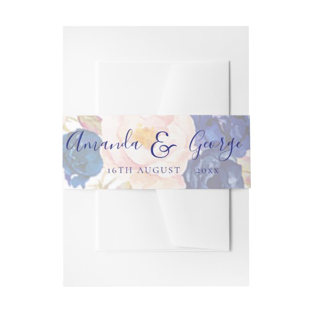 Faux Vellum Blue Floral Elegant Script Wedding Invitation Belly Band (Front Example)