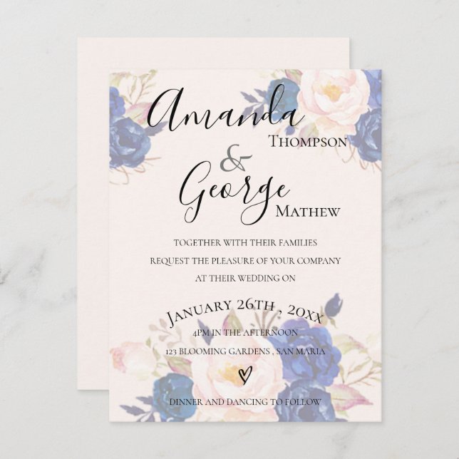 Faux Vellum Effect Blue Blush Pink Floral Wedding Invitation (Front/Back)