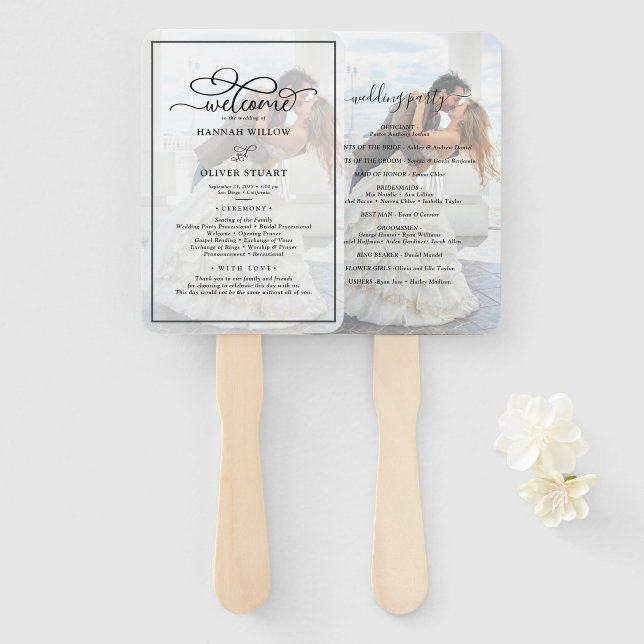 Faux Vellum Effect Overlay Photo Wedding Program Hand Fan (Front and Back)