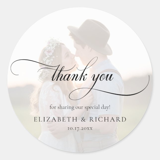 Faux Vellum Effect Photo Script Thank You Wedding Classic Round Sticker (Front)