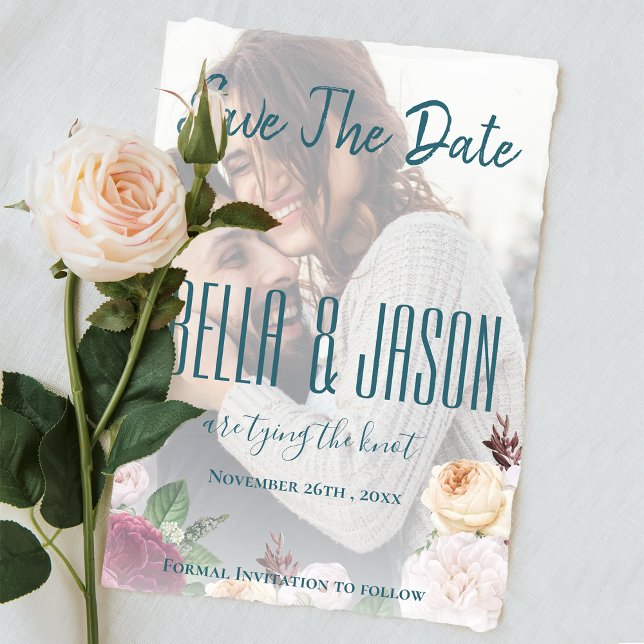 Faux Vellum  Floral Photo Wedding Save the Date Magnetic Invitation (Faux Vellum Floral Photo Wedding Save the Date Magnetic Invitation)