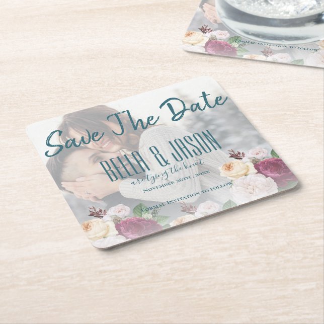 Faux Vellum Floral Photo Wedding Tying The Knot Square Paper Coaster (Angled)