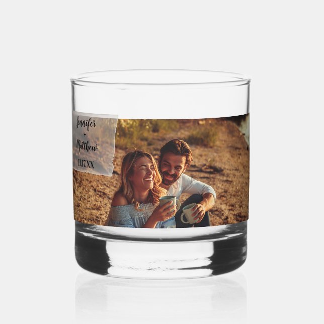Faux Vellum Photo Overlay Custom Wedding Whiskey Glass (Front)