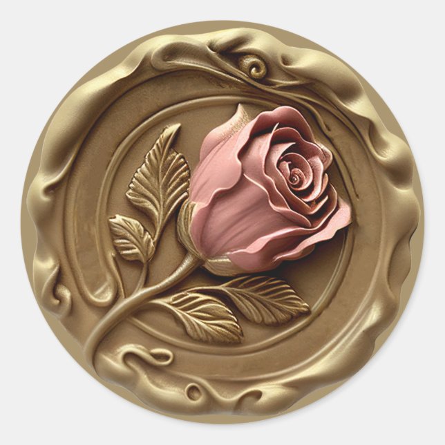 Faux Wax Stamp Envelope Seal Gold Pink Rose Flower (Front)