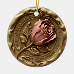 Faux Wax Stamp Gold Pink Rose Flower Anniversary Ceramic Ornament