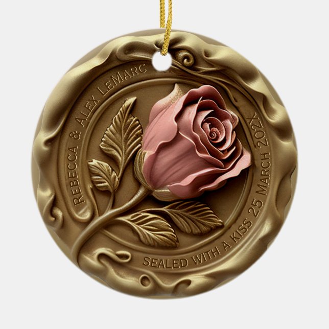 Faux Wax Stamp Gold Pink Rose Flower Anniversary Ceramic Ornament (Front)