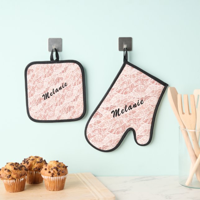 Faux White Lace Fishnet Custom Name Personalised Oven Mitt & Pot Holder Set (Insitu(Hanging))