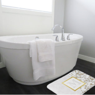 Faux White Leather Marble Monogram Bath Mat