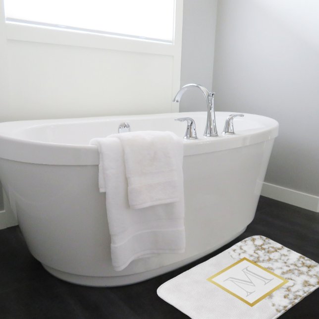 Faux White Leather Marble Monogram Bath Mat (Creator Uploaded)