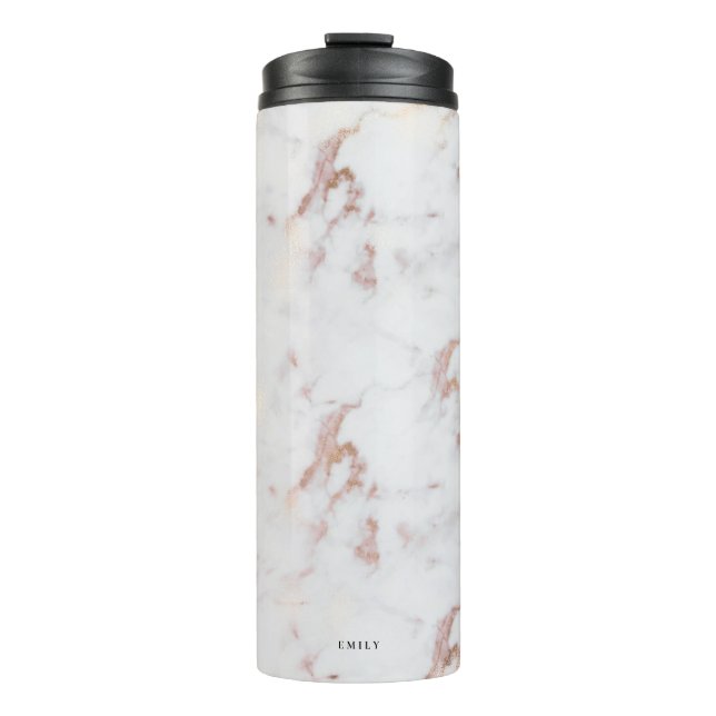 Faux White Marble and Rose Gold Custom Thermal Tumbler (Front)