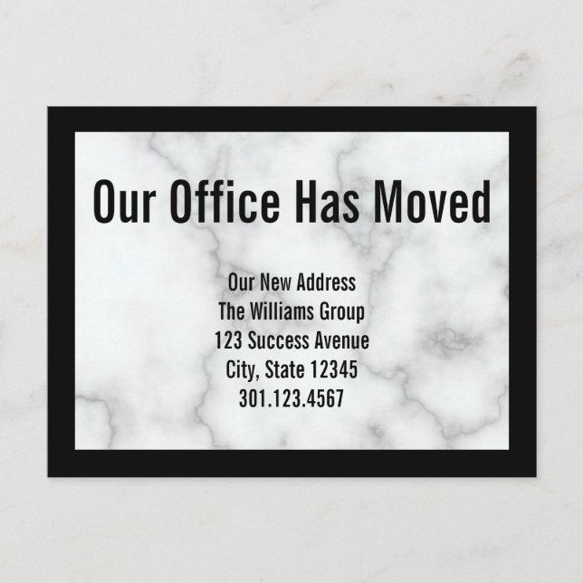 Faux White Marble Office Moving Announcement (Front)