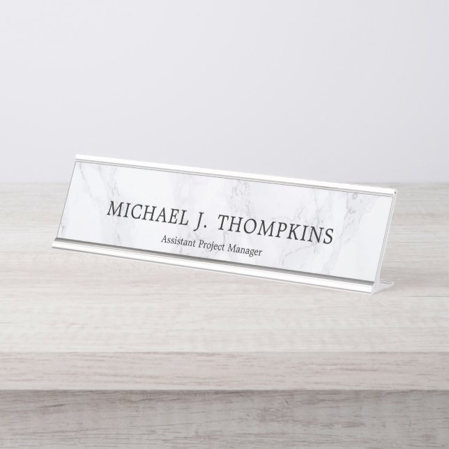Faux White Marble Texture Construction Desk Name Plate (Front)
