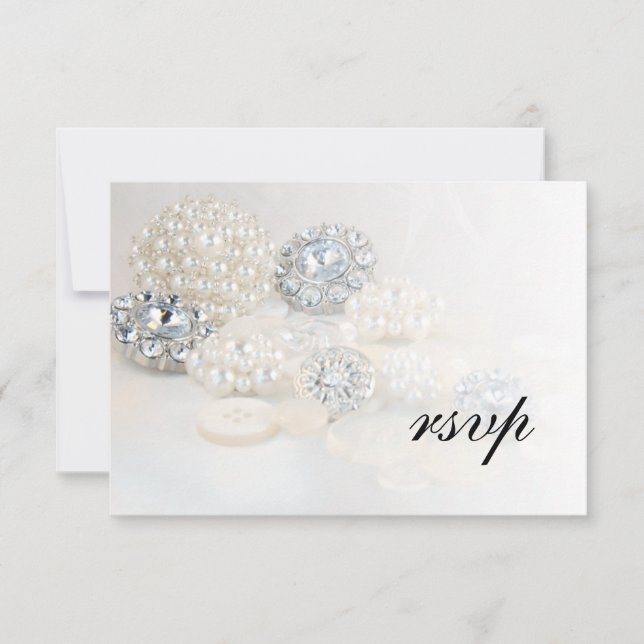 Faux White Pearl and Diamond Buttons Wedding RSVP Card (Front)