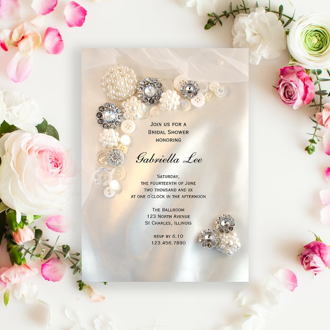 Faux White Pearl Diamond Buttons Bridal Shower Invitation (Creator Uploaded)