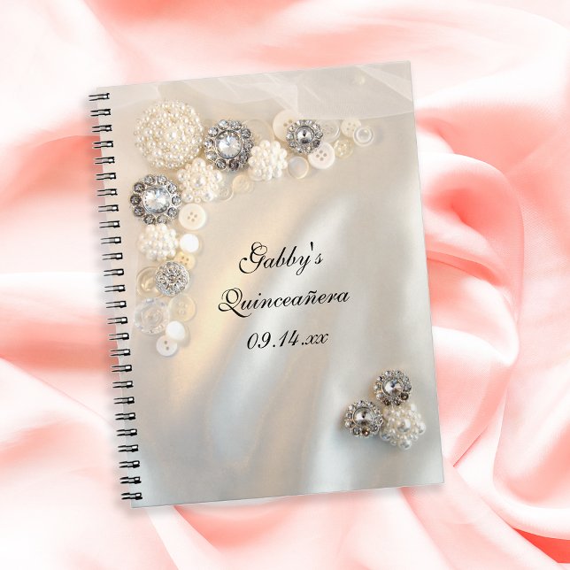 Faux White Pearl Diamond Buttons Quinceañera  Notebook (Creator Uploaded)
